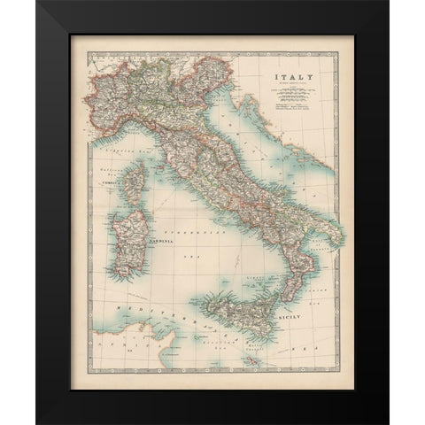 Johnstons Map of Italy Black Modern Wood Framed Art Print by Johnston