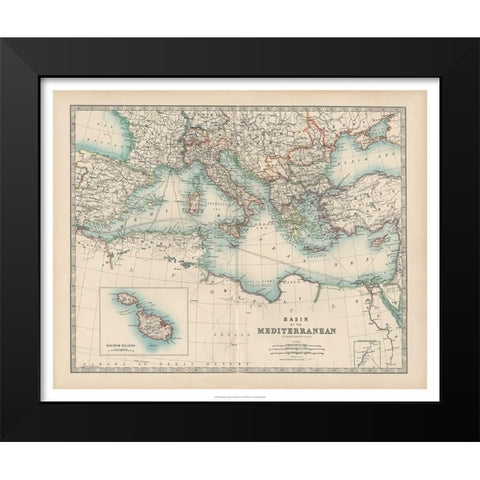 Johnstons Map of the Mediterranean Black Modern Wood Framed Art Print by Johnston