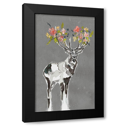 Deer and Flowers I Black Modern Wood Framed Art Print by Goldberger, Jennifer