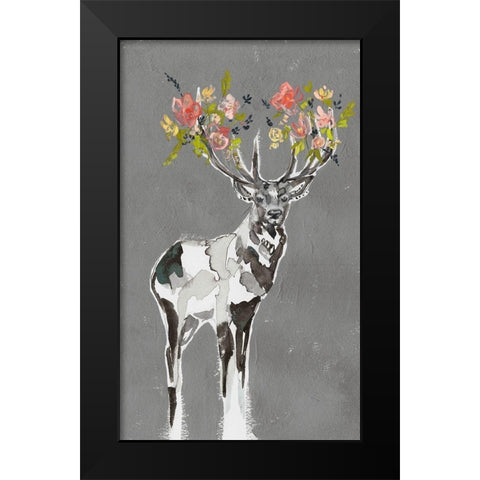 Deer and Flowers I Black Modern Wood Framed Art Print by Goldberger, Jennifer