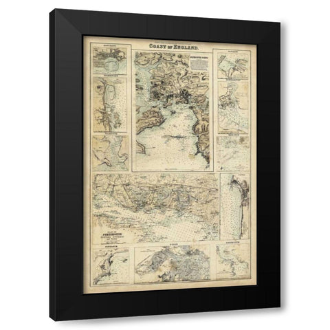 Map of the Coast of England I Black Modern Wood Framed Art Print by Unknown