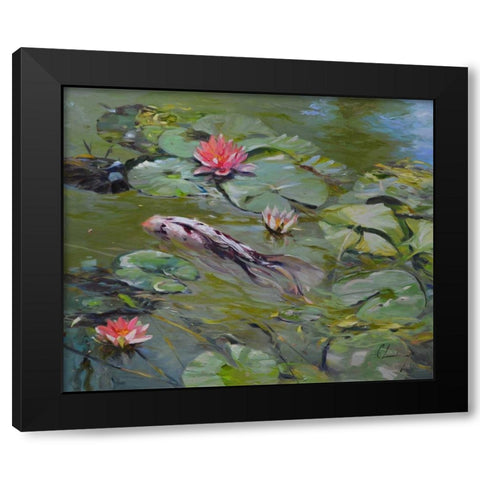 Koi and Lilies III Black Modern Wood Framed Art Print with Double Matting by Larivey, Chuck