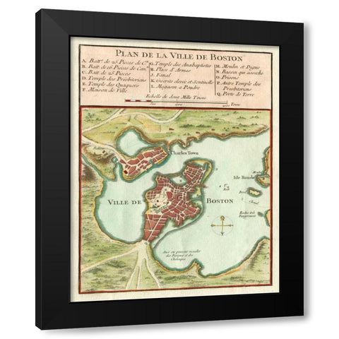 Petite Map of the City of Boston Black Modern Wood Framed Art Print with Double Matting by Unknown