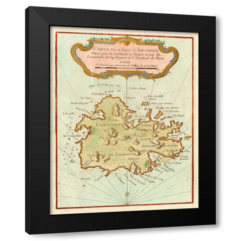 Petite Map of Island of Antigua Black Modern Wood Framed Art Print with Double Matting by Unknown