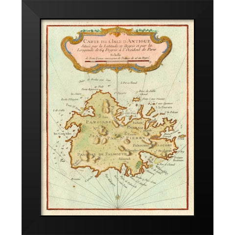 Petite Map of Island of Antigua Black Modern Wood Framed Art Print by Unknown