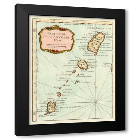 Petite Map of the Antilles Islands II Black Modern Wood Framed Art Print with Double Matting by Unknown