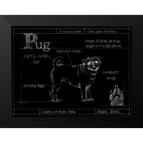 Blueprint Pug Black Modern Wood Framed Art Print by Ethan Harper