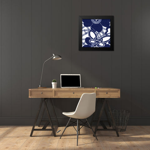 Indigo Floral Katagami I Black Modern Wood Framed Art Print by Vision Studio