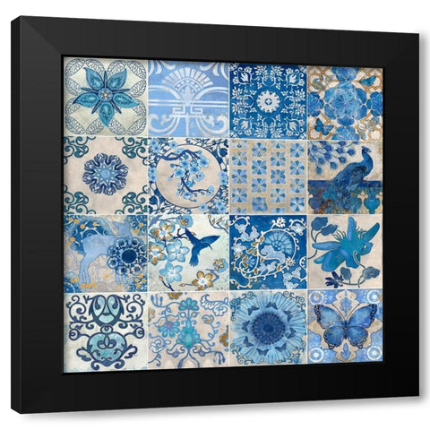 Blue and White Tiles Black Modern Wood Framed Art Print by Evelia Designs