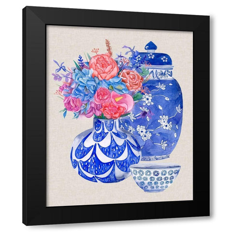 Delft Blue Vases I Black Modern Wood Framed Art Print with Double Matting by Wang, Melissa