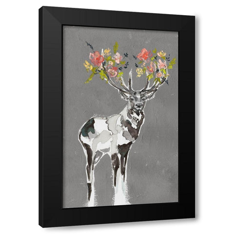 Custom Deer and Flowers I Black Modern Wood Framed Art Print by Goldberger, Jennifer