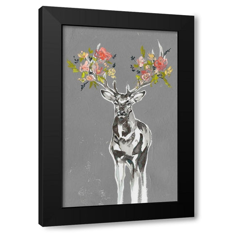 Custom Deer and Flowers II Black Modern Wood Framed Art Print by Goldberger, Jennifer