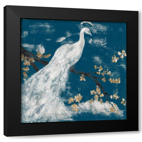 White Peacock on Indigo I Black Modern Wood Framed Art Print with Double Matting by Goldberger, Jennifer