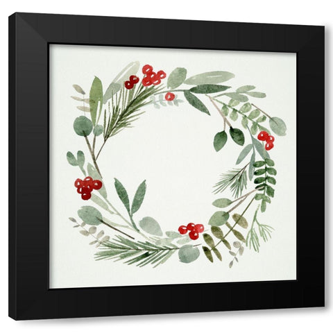 Holly Wreath I Black Modern Wood Framed Art Print with Double Matting by Wang, Melissa