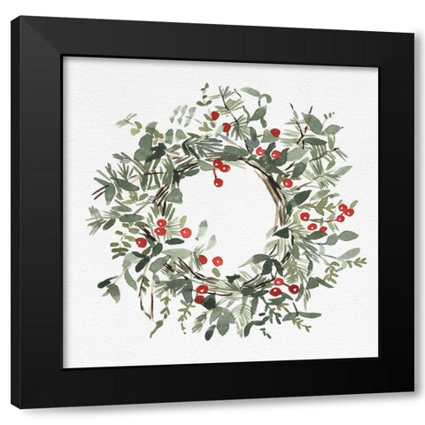 Holly Farmhouse Wreath I Black Modern Wood Framed Art Print with Double Matting by Caroline, Emma