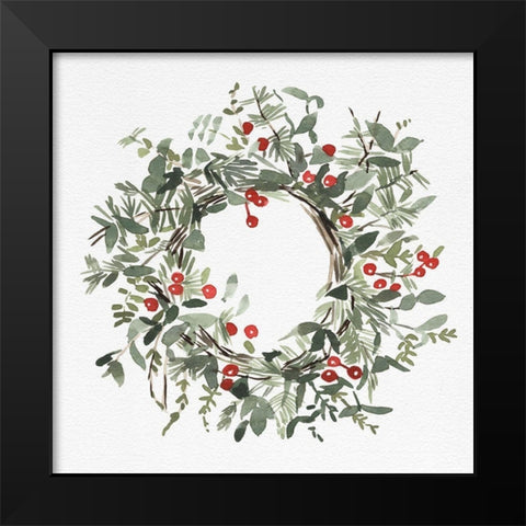 Holly Farmhouse Wreath I Black Modern Wood Framed Art Print by Caroline, Emma