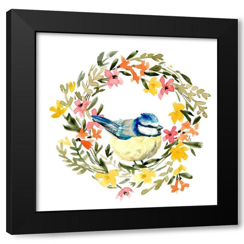 Springtime Wreath and Bird I Black Modern Wood Framed Art Print by Caroline, Emma