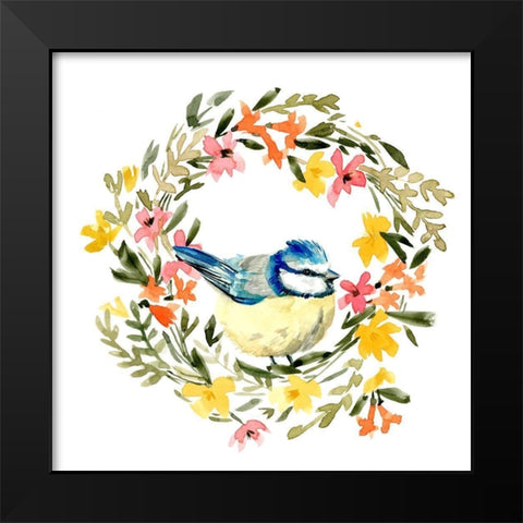 Springtime Wreath and Bird I Black Modern Wood Framed Art Print by Caroline, Emma