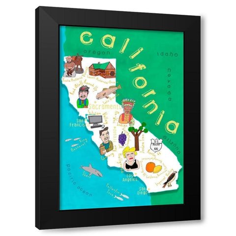 Illustrated State Maps California Black Modern Wood Framed Art Print by Daly, Carla