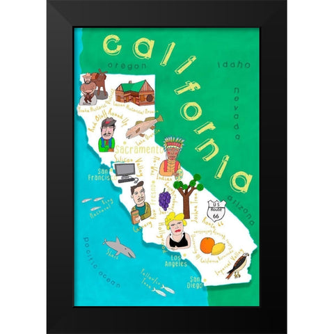 Illustrated State Maps California Black Modern Wood Framed Art Print by Daly, Carla