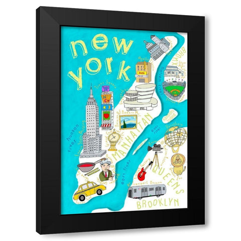 Illustrated State Maps New York Black Modern Wood Framed Art Print by Daly, Carla