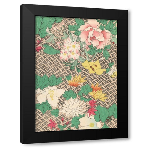 Japanese Floral Design IV Black Modern Wood Framed Art Print with Double Matting by Furuya, Korin