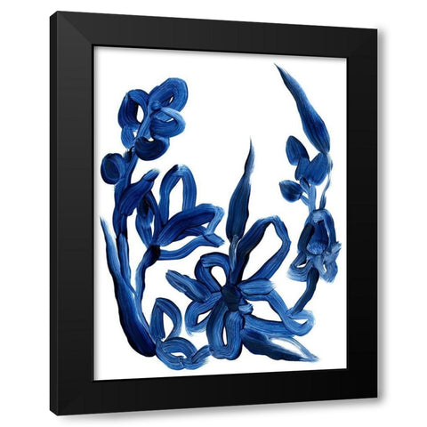 Indigo Brush Blooms II Black Modern Wood Framed Art Print by Vess, June Erica