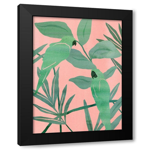 Pink and Green Birds of Paradise I Black Modern Wood Framed Art Print with Double Matting by Wang, Melissa