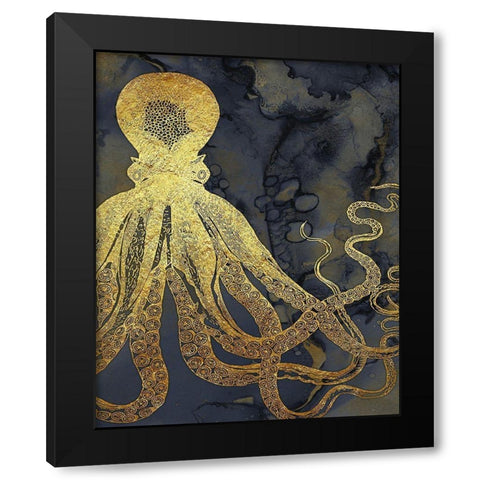 Octopus Ink Gold And Blue I Black Modern Wood Framed Art Print with Double Matting by Zalewski, Christine