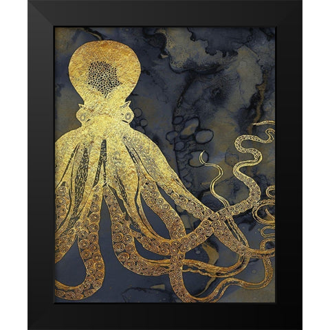 Octopus Ink Gold And Blue I Black Modern Wood Framed Art Print by Zalewski, Christine