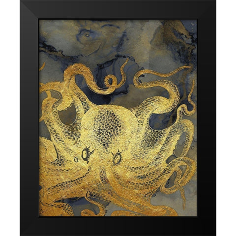 Octopus Ink Gold And Blue II Black Modern Wood Framed Art Print by Zalewski, Christine