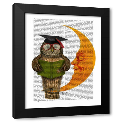 Owl On The Moon Black Modern Wood Framed Art Print with Double Matting by Fab Funky
