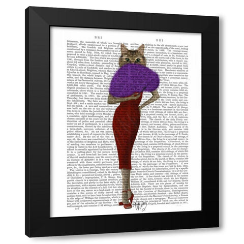Cat In Red Dress Black Modern Wood Framed Art Print with Double Matting by Fab Funky