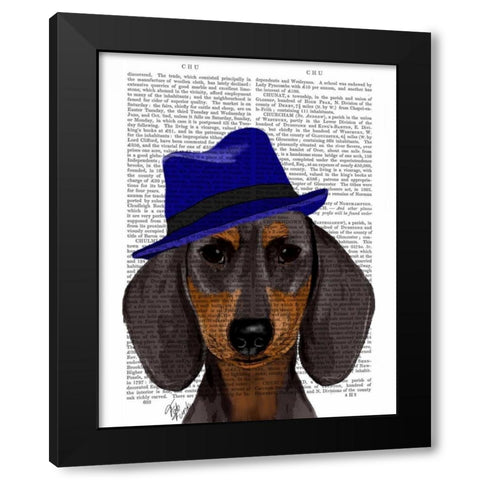 Dachshund With Blue Trilby Black Modern Wood Framed Art Print with Double Matting by Fab Funky