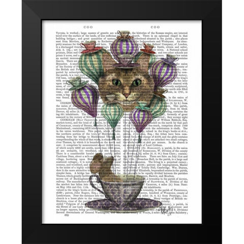 Cheshire Cat Hot Air Balloon Black Modern Wood Framed Art Print by Fab Funky
