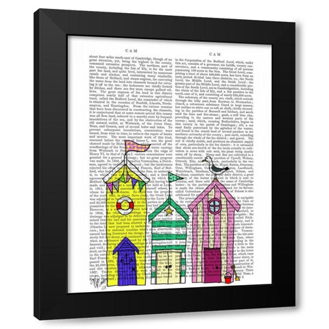 Beach Huts 1 Illustration Black Modern Wood Framed Art Print with Double Matting by Fab Funky