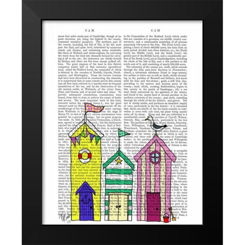 Beach Huts 1 Illustration Black Modern Wood Framed Art Print by Fab Funky