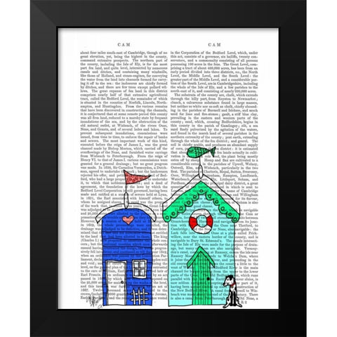 Beach Huts 2 Illustration Black Modern Wood Framed Art Print by Fab Funky
