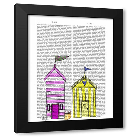 Beach Huts 3 Illustration Black Modern Wood Framed Art Print with Double Matting by Fab Funky