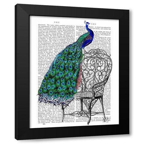 Peacock on Chair Black Modern Wood Framed Art Print by Fab Funky