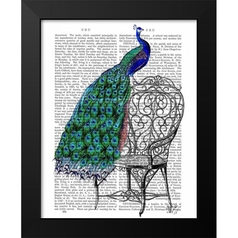 Peacock on Chair Black Modern Wood Framed Art Print by Fab Funky