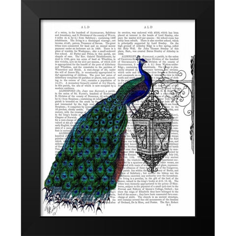 Peacock On Lamp Black Modern Wood Framed Art Print by Fab Funky