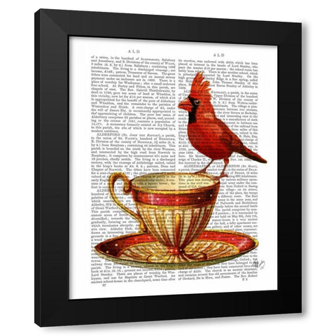 Teacup And Red Cardinal Black Modern Wood Framed Art Print with Double Matting by Fab Funky