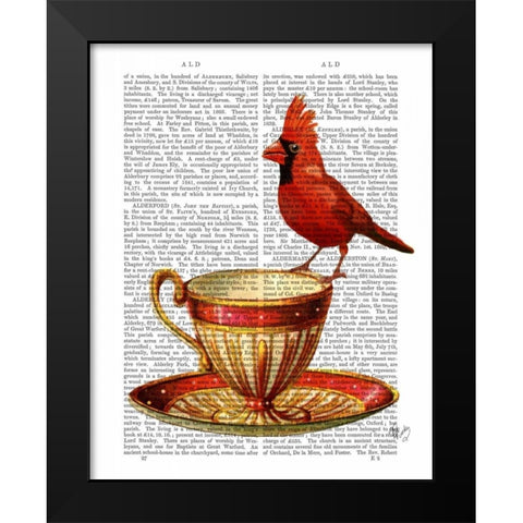 Teacup And Red Cardinal Black Modern Wood Framed Art Print by Fab Funky