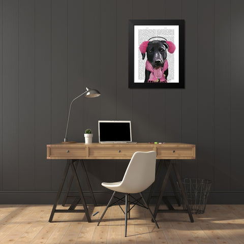 Black Labrador With Ear Muffs Black Modern Wood Framed Art Print by Fab Funky