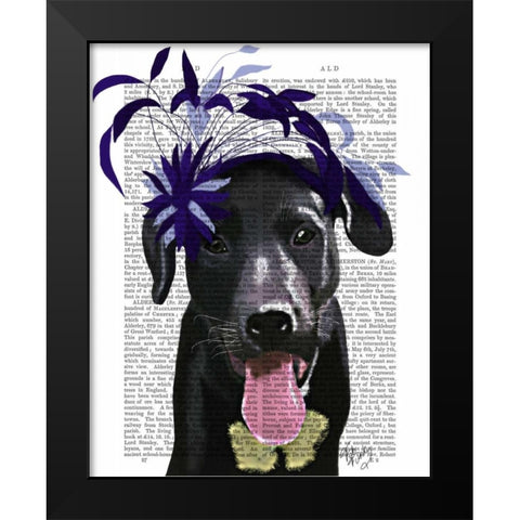 Black Labrador With Blue Fascinator Black Modern Wood Framed Art Print by Fab Funky