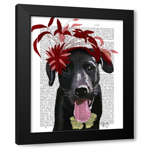 Black Labrador With Red Fascinator Black Modern Wood Framed Art Print by Fab Funky