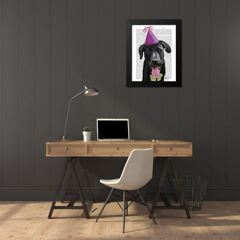 Black Labrador With Party Hat Black Modern Wood Framed Art Print by Fab Funky