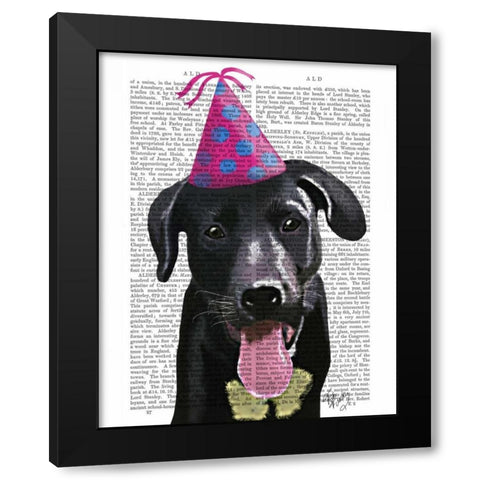Black Labrador With Party Hat Black Modern Wood Framed Art Print by Fab Funky