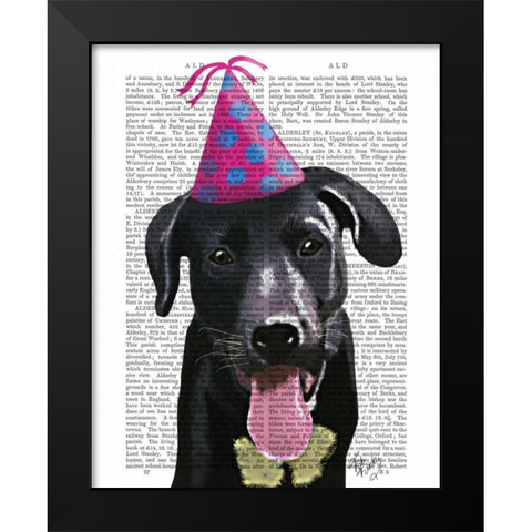 Black Labrador With Party Hat Black Modern Wood Framed Art Print by Fab Funky